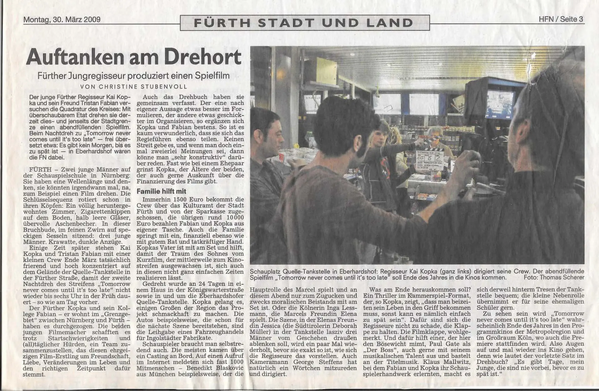 Ein Zeitungsartikel vom 30. März 2009 über den Film und die Dreharbeiten
