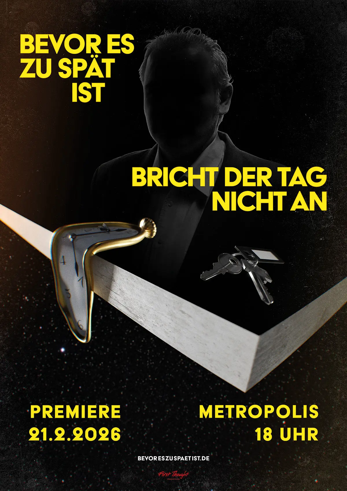 Filmplakat zeigt eine schemenhafte Silhouette eines Mannes, bei dem man das Gesicht nicht erkennt, darunter eine Tischkante auf der eine Uhr herunter rinnt und auf der ein Schlüsselbund liegt 